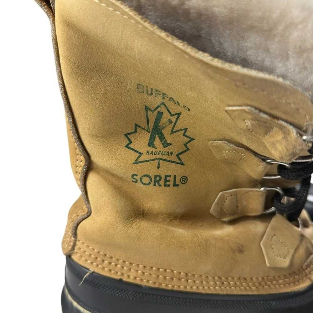 Sorel Kaufman Buffalo Winter Boots Mens 7 Made in Canada Tan Black Leather Wool